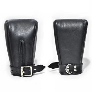 BDSM Leather Black Fist Mitts Gloves, Restraints Bondage Cuffs Lockable 2 pieces - Picture 1 of 7
