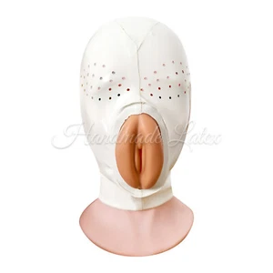 White Latex Hood Mesh Eyes Rubber Mask with Fake Vagina Catsuit Fetish Clubwear - Picture 1 of 5