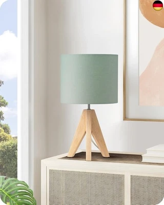 EDISHINE Tischlampe Vintage, Nachttischlampe Grün, Stativ Holz LED  - Bild 1 von 4