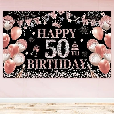 50th Rose Gold Birthday Party Background - Happy Birthday Rose Gold Balloons - Image 1 of 4
