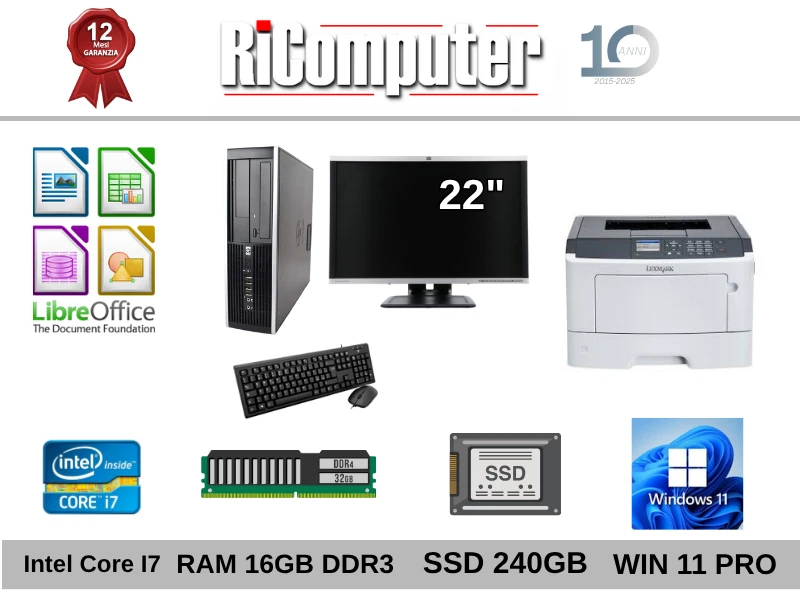 Postazione PC I7 Ram 16GB SSD Monitor 22 + Stampante Lexmark RICONDIZIONATO - Immagine 1 di 1