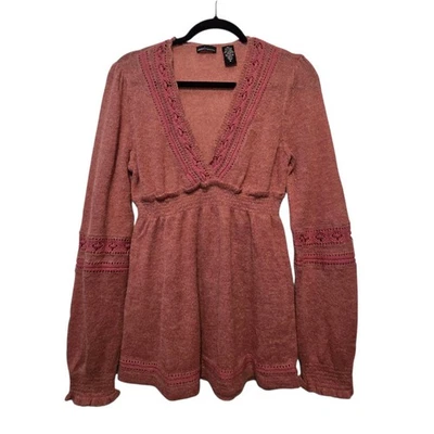 Vintage 90s Y2K Moda Int'l Babydoll Sweater Women MED Pink Lace Trim Wool Mohair - Image 1 of 4