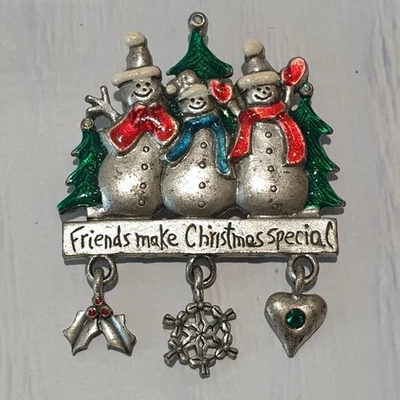 AJMC BROOCH Pewter Friends Make Christmas Special Signed Charms Dangle Vintage — 第 1/4 张图片