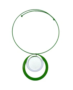 Vintage Green & White Enamel Open Circle Geometric Pendant Necklace 18" Retro - Picture 1 of 24