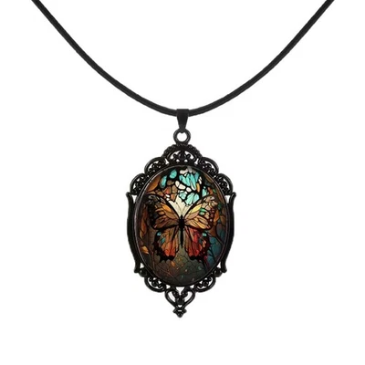 Collar Holográfico Gótico Mariposa Colgante Cuero Cordón Boho, Negro o Tostado Foto 1 de 4