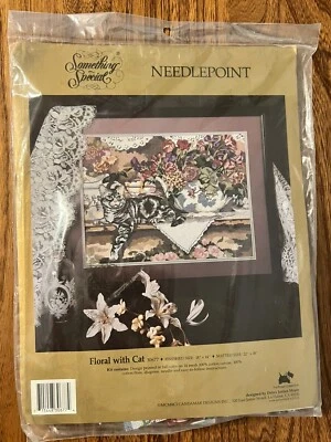 Nuevo de Lote Antiguo Kit de Punta de Aguja Especial 30677 FLORAL CON GATO 18x14 Sellado Foto 1 de 3