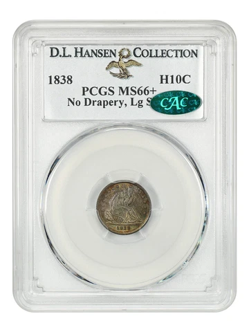 1838 No Drapery, Large Stars H10c PCGS/CAC MS66+ ex: D.L. Hansen Cover