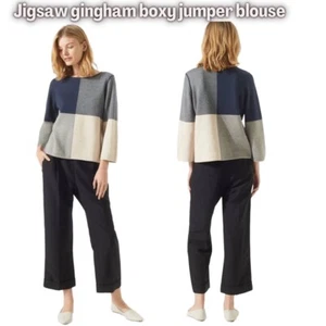 Jigsaw Women's Blouse Size M Gingham Boxy Jumper NWT Cotton Blue/Beige - Picture 1 of 12