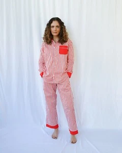 West of Breakfast Pajamas Set PJ Women's Small. Orange White Stripe FESTIVE ONE - Picture 1 of 12