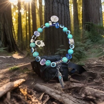 CUSTOM SIZE !  Hamsa Feather Buddha Tree Waterproof Crystal Flexible Bracelet - Image 1 of 4
