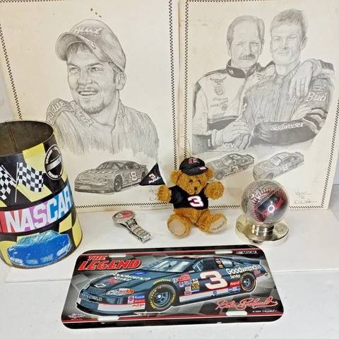 NASCAR DALE EARNHARDT & JR. LOT, Adkins Art, Baseball, Bear, Plate, Tin, Watch Cover