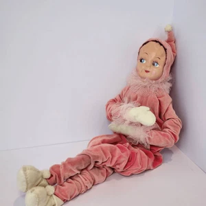Vintage Grande 19" Posable Estante Niña Pixie Rosa Terciopelo Hecho a Mano - Imagen 1 de 4