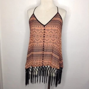 Double Zero Aztec Print Fringe Hem Blouse Racerback Brown/Black Size Medium - Picture 1 of 7
