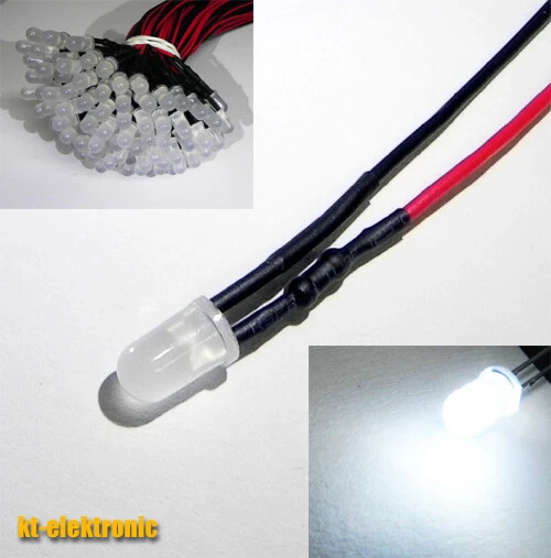KT-ELEKTRONIC 5 x 5mm LED weiß matt/diffus mit 20cm Kabel für 12V DC verkabelt mit Widerstand