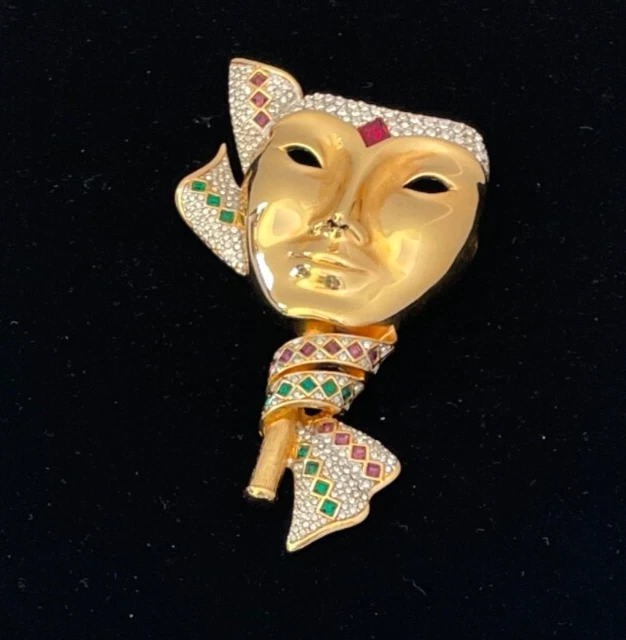 Swarovski- Mardi Gras Mask Brooch- Red, Green & Clear Crystals- Rare Piece! G101 - Image 1 of 4