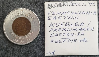 1945 年封装林肯美分币。 Kuebler高级啤酒Easton PA — 第 1/2 张图片