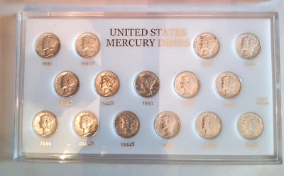 Juego corto Mercury Dime 1941-1945 blanco en soporte de capital 15 sin circular ¡Monedas de PLATA! Foto 1 de 4