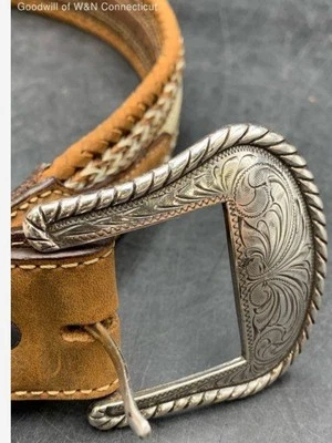 Tony Lama Belt Mens 36 Brown Leather Western Silver Studs Braided Edge - Image 1 of 4
