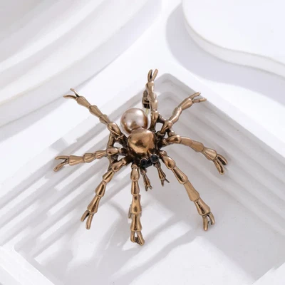 Vintage Brown Rhinestone Spider Brooch Pearl Pin Insect Bug Jewelry Summer Gift - Image 1 of 4
