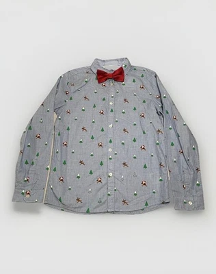 Рождественский узор рубашка красный галстук-бабочка Санта синий кнопка вверх H & M мальчиков размер 9-10Y новый - Изображение 1 из 4