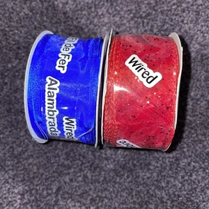 Lot Of 2 RED And Blue WIRE EDGED RIBBON 1-1/2" - Picture 1 of 2