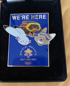 SALT LAKE CITY OLYMPICS PIN 2-1/2 " WE'RE HERE 3 MASCOTS BIRTHDAY BOXED #1960 - Picture 1 of 3