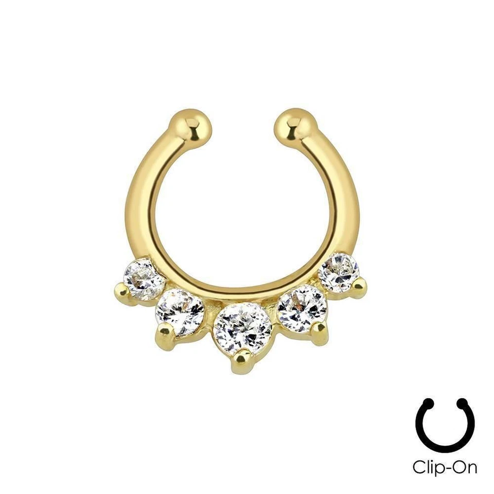 Clip en falso tabique clicker no perforador nariz anillo aro enchapado en oro circonita cúbica transparente Foto 1 de 1