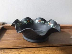Vintage Black Glass Satin Finish Candy Dish With Painted Flowers* - Picture 1 of 4
