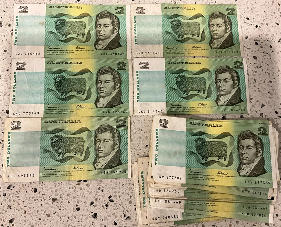 5 TIMES $2  AUSTRALIAN BANKNOTES OK CONDITION AS IN PHOTOS FREE POSTAGE - image 1 of 1