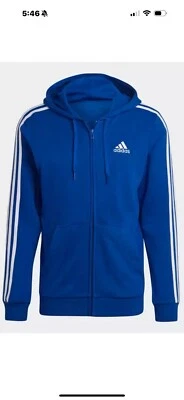 Adidas Essentials French Terry 3-Stripes Full-Zip Hoodie HE4427 Blue White NWT - Image 1 of 3