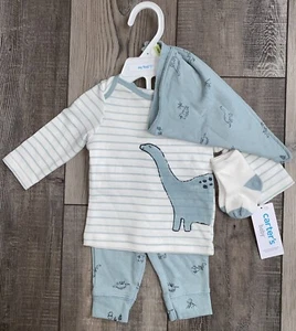 NWT Carter's 4-Piece Baby Blue Dinosaur Outfit Set Socks Bib Boy’s 0-3 Months 3M - Picture 1 of 5