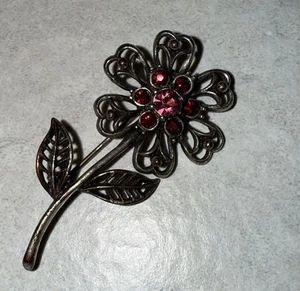 Blume Floral Brosche Anstecknadel rosa rot Strass Vintage - Bild 1 von 2