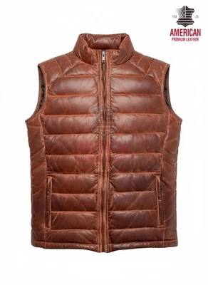 Chaleco acolchado marrón acolchado de cuero genuino para hombre Chaqueta de motociclista de piel de cordero Foto 1 de 4