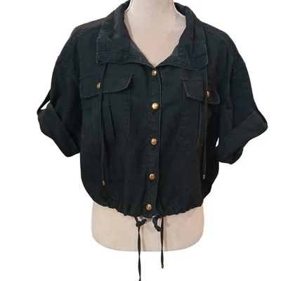 Chaqueta utilitaria recortada negra LRL botón dorado cordón cintura talla 10 dinero antiguo Foto 1 de 4