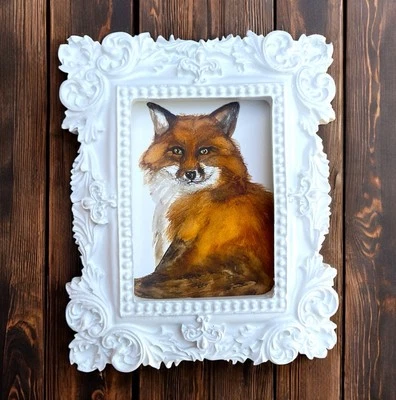 Red Fox watercolor print in mini white vintage style ornate frame - Image 1 of 4