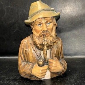 Vintage Hand Carved Bust of Bearded Man Smoking a Pipe 6.25” Tall - Picture 1 of 7