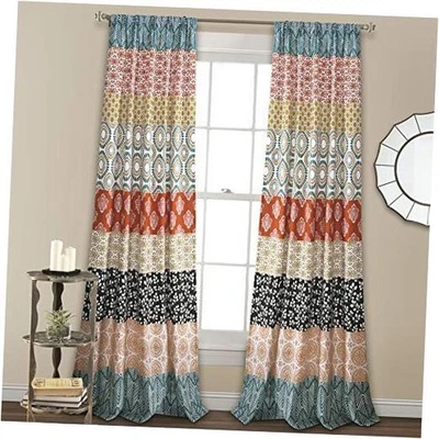  Bohemian Stripe Window Curtain 52"W x 84"L (Pack of 2) Turquoise & Orange - Image 1 of 4