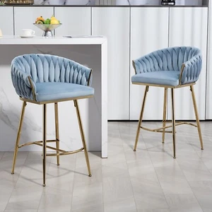Set of 2 Velvet Bar Stools Counter Height Kitchen Stools w/Backrest & Armrest - Picture 1 of 27