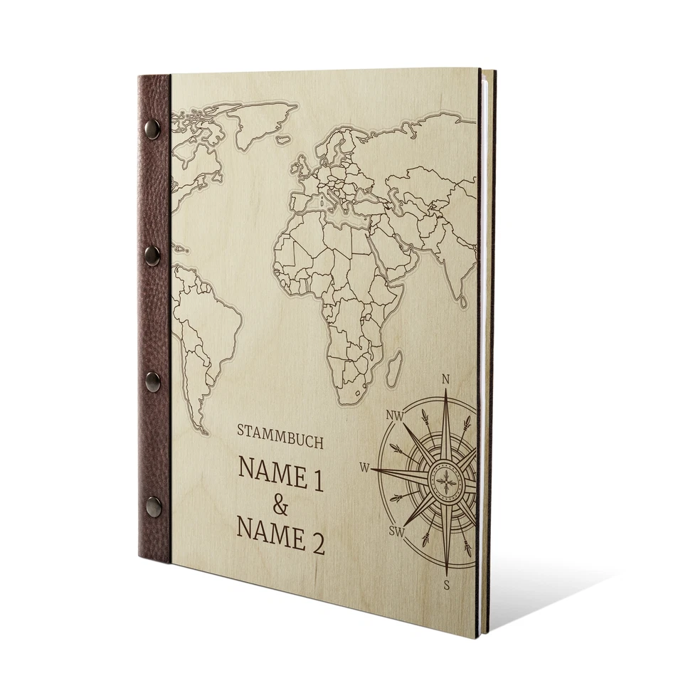 Personalisiertes Stammbuch Birkensperrholz Holz Leder A5 - Weltkarte - Bild 1 von 4