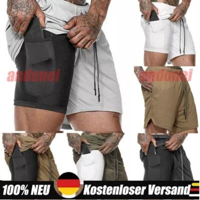 Herren 2 in 1 Shorts Fitness Sporthose Kurz Jogginghose Laufhose mit Sport Gym - Bild 1 von 4