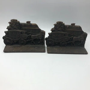 Horse Carriage Buggy Crown Bookends Cast Iron Bronze Tone Brass Tone Vtg Pair - Picture 1 of 12
