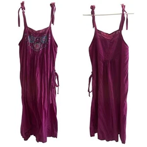 Boho Midikleid bestickt Magenta 100% Baumwolle verstellbare Bindebänder Gr. M - Bild 1 von 6