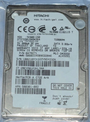 Hitachi 160GB SATA II 2.5" Laptop HDD Hard Disk Drive 7K500-160 HTS725016A9A364 - Image 1 of 4