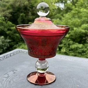 Mid Century Paden City Elegant Glass Ruby Flash Etched Footed Candy Dish + Lid - Picture 1 of 14