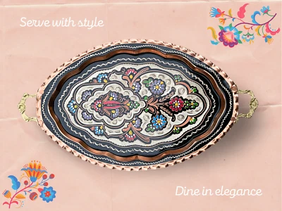 Elegant Handmade Copper Serving Tray with Engraved Floral Motifs - Image 1 of 2