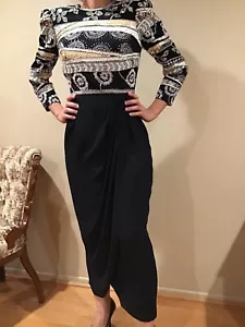 Vintage Jack Bryan Black Sequined Padded Balloons Sleeves Wrapped Long Dress - Picture 1 of 5