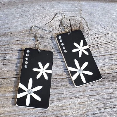 Vintage Y2K White Black Lucite Austrian Crystal Rectangle Flower Earrings - Image 1 of 4
