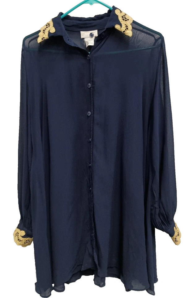 Blusa Top Mujer Gottex Años 80 Mediana Azul Marino Dorado Encaje Borde Transparente Manga Larga Foto 1 de 4