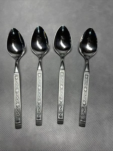 4 Oneida SSS MIDNIGHT Stainless TEASPOONS Black Accent Scrolls Flatware Vintage - Picture 1 of 10
