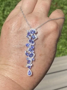 STERLING SILVER 4.40 CT TANZANITE & WHITE ZIRCON DROP PENDANT & CHAIN EVINE NWT - Picture 1 of 6